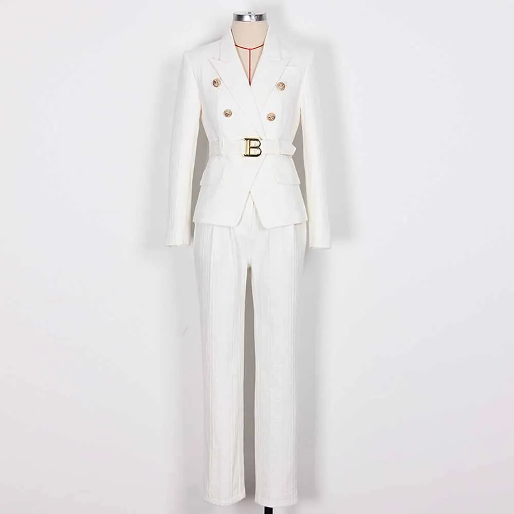 Women's White Pantsuit Gold Button Tie Belt Double Breasted Two Pieces Jacquard Suit