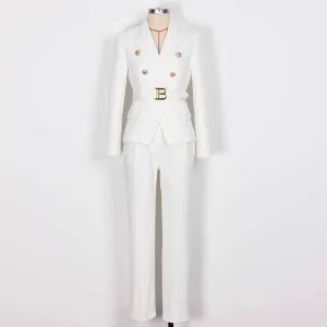 Women's White Pantsuit Gold Button Tie Belt Double Breasted Two Pieces Jacquard Suit