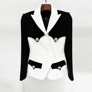 Womne's Black / White Jacket Two-Tone Pockets Blazer