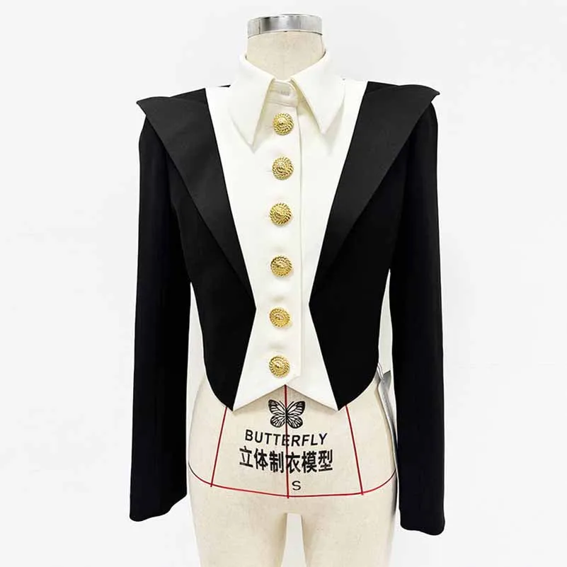 Womne's Crop Jacket 6 Button Black White Blazer