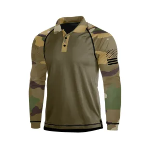 YELLOW CAMO PATCHWORK RAGLAN LONG SLEEVE POLO SHIRT