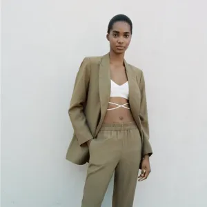 Zara Open Front Longline Blazer In Army Green