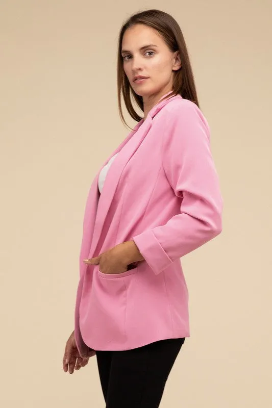 ZENANA Woven Long Sleeve Open Front Classic Blazer